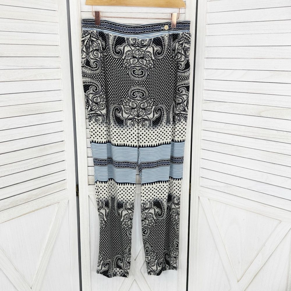 Etro Silk Multi Pattern Straight Leg Pants Black White Blue Size 10 Euro 46